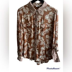 LOLA P. 100% RAYON BOHO BUTTON DOWN BLOUSE LONG SLEEVES Sz L A166
